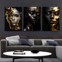 Affiche d'art de femme africaine rayonnante dorée, ensemble de 3 pièces, peinture sur toile imperméable, portrait moderne, art mural, décoration de salon