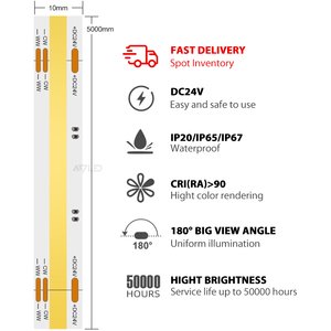 ADLED COB <b>LED</b> Strip 640LEDs/M <b>24V</b> Tunable White 2700K-6500K Flexible Light 10mm PCB IP20 Linear Lighting - Product Image 4