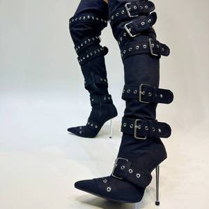 Bottes cuissardes argentées à talon, avec grande boucle, rivets métalliques, style long au-dessus du genou, tendance et sexy - Product Image 6