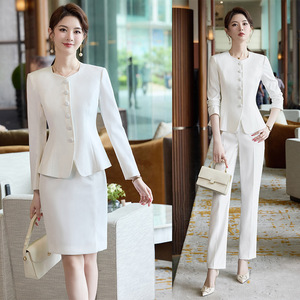 Women's Suit Set White Blazer Skirt Pants Professional Workwear Commute Anti-Wrinkle Polyester Satin Elegant Office Wear - Product Image 1