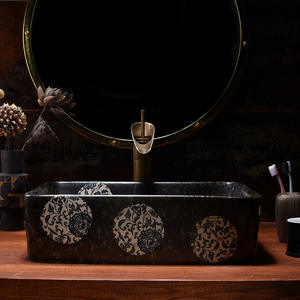 Ahorro de espacio Rectángulo Flor Arte Negro Cerámica Baño Lavabo Pequeño Montaje en pared Fregadero colgante - Product Image 5