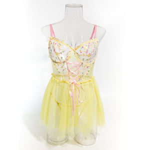 Lencería Sexy de Dos Piezas para Mujer, Estilo Mayorista, Falda de Malla con Bordado Floral Amarillo y Puntos, con Tirantes Transparentes y Sensuales - Product Image 6