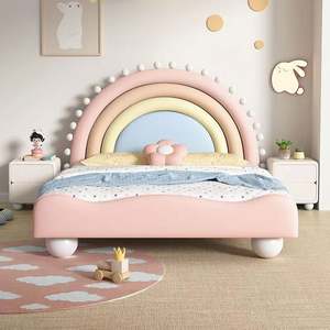 Cama rosa de princesa de ensueño para niños, cama moderna con diseño de corazón tapizado de madera maciza para dormitorio de niñas adolescentes - Product Image 3