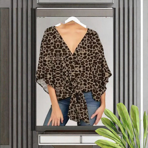 Women Leopard Print V Neck Tie Front Blouse 3/4 Sleeve <b>Chiffon</b> Loose Casual Daily Wear - Product Image 3