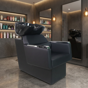 Unidad de Lavacabezas para Salón de Belleza con Lavabo Inclinable de Cerámica Negra y Asiento Ajustable, Cama para Lavado de Cabello - Product Image 5