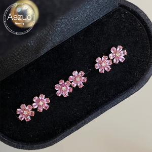 อาซูโอ 18K ทองคำแท้สีเหลืองธรรมชาติสีชมพูแซฟไฟร์เพชรมินิฟลาวเวอร์สตั๊ดต่างหูของขวัญผู้หญิงงานหมั้นงานแต่งงาน - Product Image 1