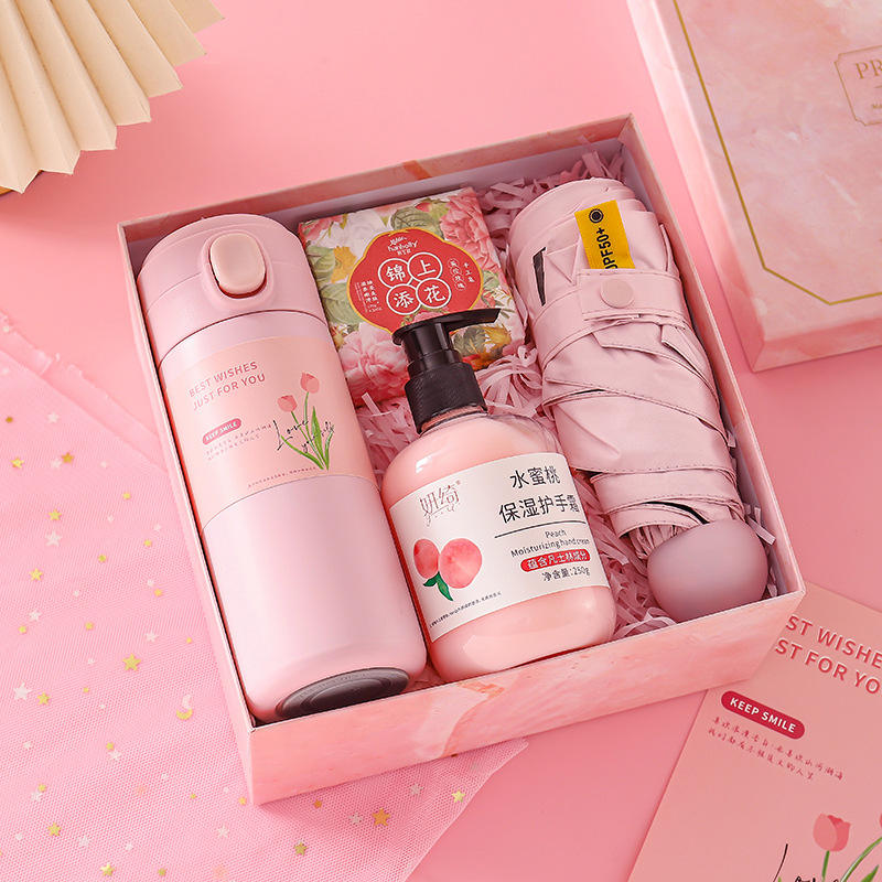 Tasse thermos [rose] + savon + crème pour les mains + parapluie