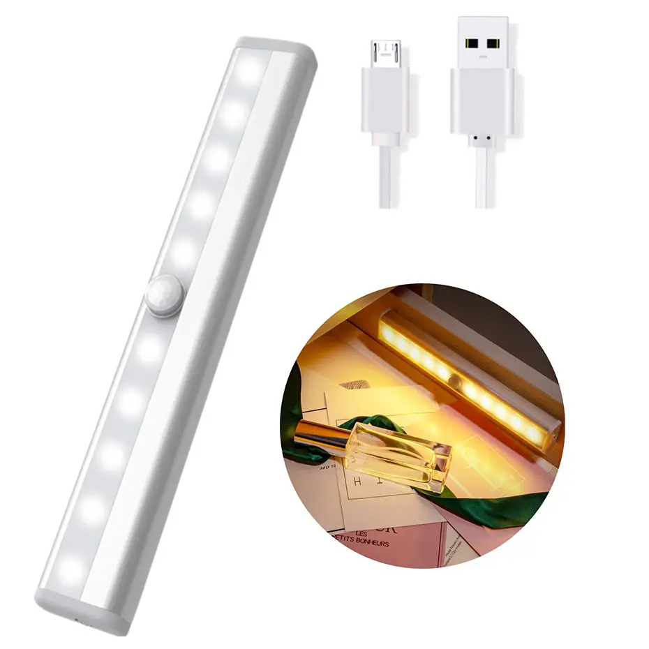 Luz noturna com sensor de movimento sem fio 10 LED com recarga USB faixa magnética sob a luz do gabinete