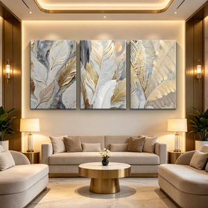 Modern Wall Art 3pcs Gold Feather Leaf Canvas Poster Abstract <strong>Neutral</strong> Grey Gold <strong>Prints</strong> for Living Room Bedroom Hotel Home Decor - Product Image 1