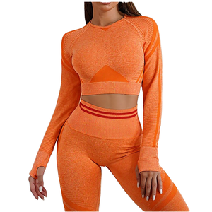 Ensemble de yoga côtelé sans couture 2 pièces : haut court à col rond et manches longues, leggings taille haute - Product Image 2