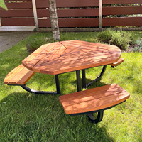Table de pique-nique hexagonale géométrique moderne, surface en bois, structure en acier inoxydable 304, table à manger extérieure intégrée pour parc et jardin