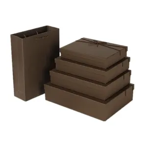 Dark brown paper gift box bag set rigid cardboard cardboard packaging hat box with bow tie for clothing blouse t shirt wallet