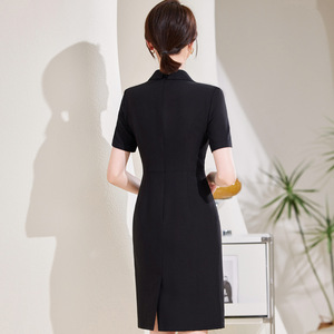 Career Dress Black Short Sleeve Notched Collar Anti-Wrinkle Work Uniform Women Elegant Office Wear - Product Image 4