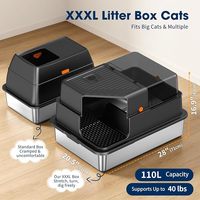 Bac à litière pour chat en acier inoxydable extra large XXXL avec couvercle, panneau semi-transparent amovible, entrée noire pour passage facile