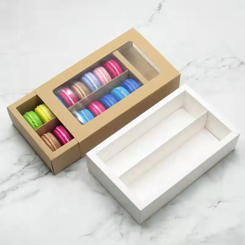 Caja de embalaje de papel Kraft personalizado para macarrón, pastel, galletas, chocolate, dulces, con ventana transparente