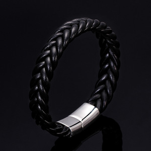 Pulsera de Cuero Tejida a Mano, Color Negro Café, Cierre de Acero Inoxidable, Joyería de Regalo para Hombre, Origen Yiwu AB1188 - Product Image 1