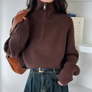 Kurzer, locker sitzender Pullover mit halboffenem Kragen und Reißverschluss, lässig, atmungsaktiv, aus Polyester-Strick, für kleine Größen, weich, Winter, Damen, einfarbig - Product Image 3