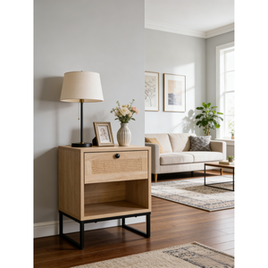 Birch Coastal Modern Side <b>Table</b> With Drawer Natural Wood Top Black Metal Legs - Product Image 3