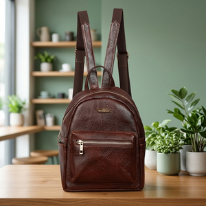 Genuine <b>Leather</b> <b>Backpack</b> Classic Style Zip Closure Unisex Daily Use Brown Lichee Pattern Shoulder Straps - Product Image 1