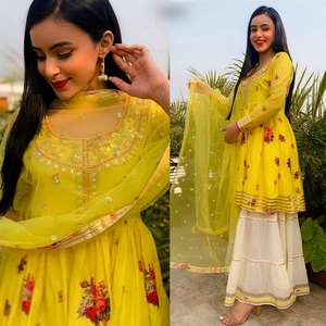 Crep Silk Digital Print <b>Top</b> with Dori Thread Reyon Cotton Sharara Net Duppata <b>Sequins</b> Work and Border Print-for <b>Party</b> Wear - Product Image 6