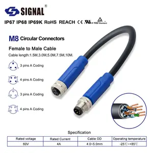 Connecteurs de signal M8 3 broches 4 broches A codage mâle ou femelle IP67 IP68 connecteurs de câble PVC/PUR étanches-noir/gris