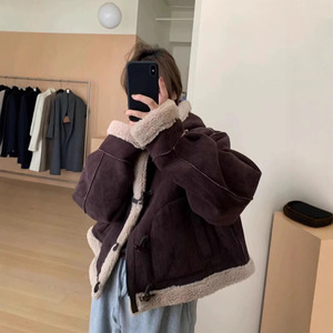 Women's Hooded Shearling Coat Dark Brown Short Style Winter Warm Faux Fur Jacket Loose Fit With Horn Buttons - Product Image 4