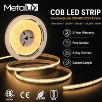 Personnalisation professionnelle Bande LED COB 320/480/528 LED 8mm, très vendue, CRI90, flexible, sans points, blanc chaud, pour chambre d'hôtel, ambiance, ETL