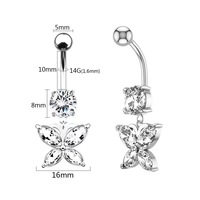 Anneaux de nombril en acier inoxydable papillon étincelant en forme de coeur Zircon ventre ongles Piercing bijoux