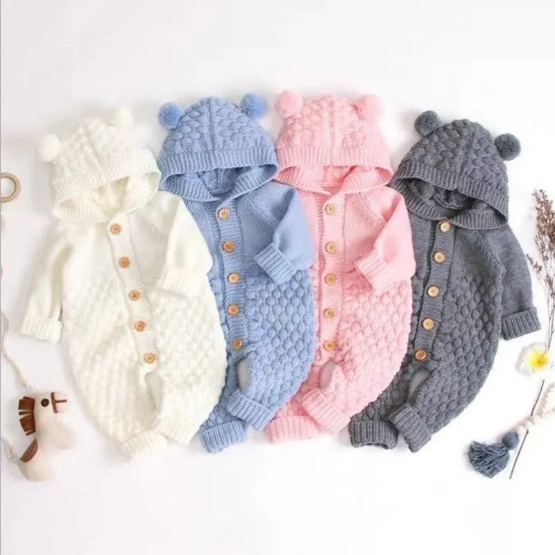 Knitted Cotton Clothing New Born Boy Girl Long Sleeves Jumpsuit Clothes with Warm Hat Autumn Winter Newborn Baby Rompers Set