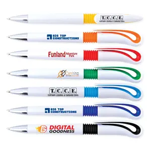 酒店银行促销笔的塑料定制标志印刷笔-中国制造的曲线圆珠笔，桶或夹子上有客户标志