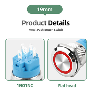 Interrupteurs à bouton-poussoir à tête plate de 19mm IP65 étanche autobloquant avec lumière LED bleue sur le bouton d'arrêt - Product Image 2
