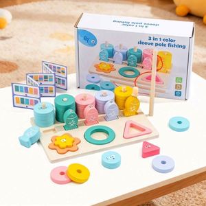 3 in 1 Stacker Colorful Shapes Sorter Blocks Fishing Game Wooden Table Toy for Children - Product Image 1