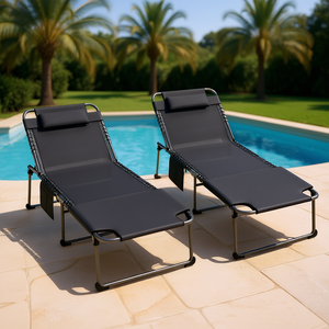 Black Folding Chaise Lounge Pool Chairs 5 Level Reclining Back with Reading Hole and <b>Side</b> Pocket Outdoor Sun Lounger - Product Image 2