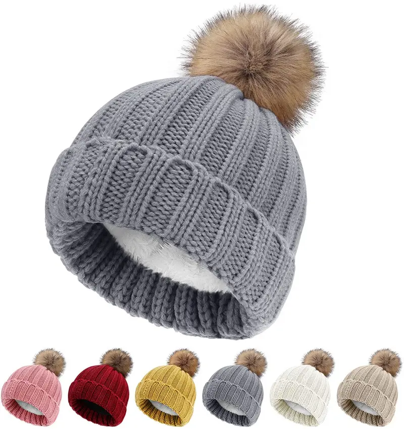 Gorros de punto de estilo acanalado para mujer, de piel sintética con pompón gorros de invierno, gorros de bola de piel acrílica para hombre