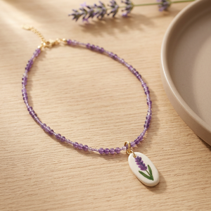 Collar de cuentas redondas acrílicas de lavanda, collar de cuentas de piedra natural morada, collar con colgante chapado en oro para mujer, regalo - Product Image 2