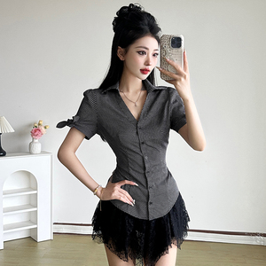 Camisa de Oficina Estilo Francés con Botones, Cintura Ajustada, Manga Abullonada, Blusa de Manga Corta con Lazo, Elegante y Chic para Mujer - Product Image 3