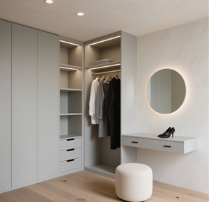 Armoire intégrée minimaliste Balom sur mesure avec coiffeuse et grand placard gris avec bande LED pour l'ameublement de la maison - Product Image 5