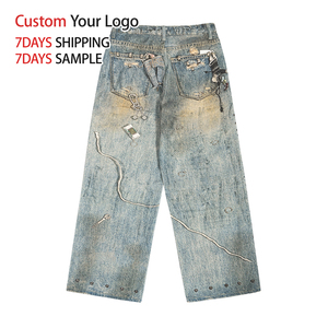 Jeans en denim streetwear de haute qualité personnalisés, taille mi-haute, délavés, coupe oversize, jambe large et ample pour hommes, vente en gros - Product Image 5