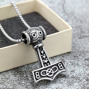 Vintage Stainless Steel Unisex Viking Thor's Hammer Pendant Necklace Charm <b>Cross</b> Shape Geometric Design Gift Jewelry - Product Image 1