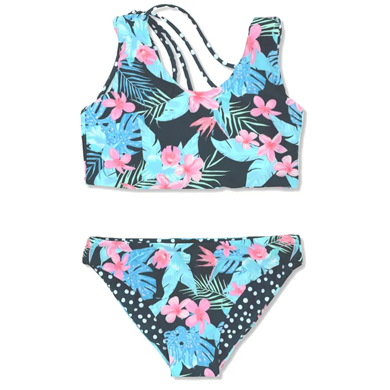 Punkt-und Blumen druck Reversible Two Side 2-teiliges Mädchen-Bikini-Set Asymmetric Beach wear Swimwear Manufacturer