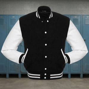 Chaqueta universitaria clásica de béisbol para hombre, estilo Letterman, de lana negra con mangas blancas, cuello alto, transpirable, teñida, para invierno. - Product Image 3