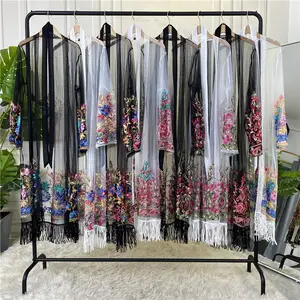 Kimono con bordado Floral de malla para mujer, ropa musulmana, Abaya abierta, modesto, étnico, para Eid, novedad