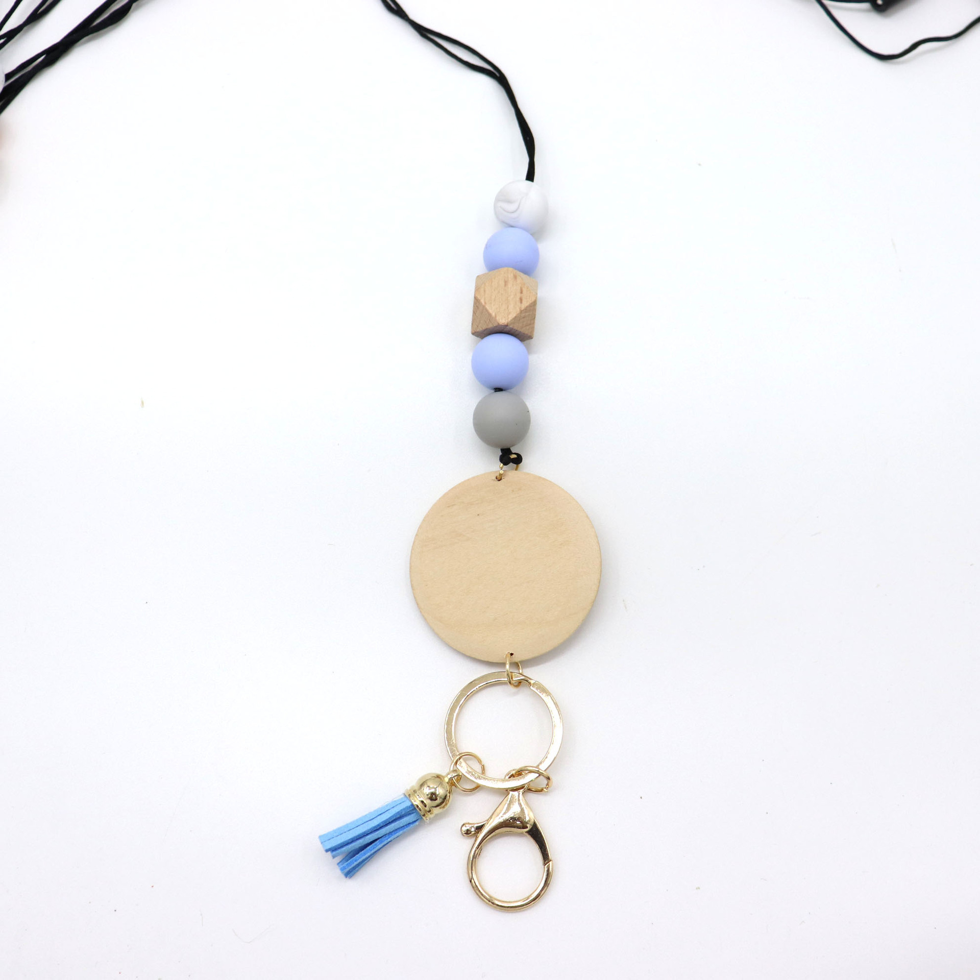 Wholesale Silicone Beads Lanyard Monogram Wooden Disc Tassel Pendant Necklace Teacher ID Badge Beaded Lanyard