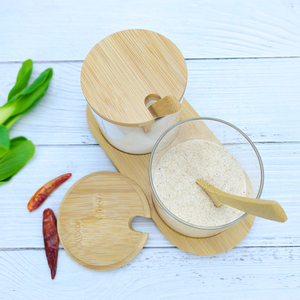 2 pcs 10 oz rõ ràng Glass gia vị Jar nhà bếp muối thảo mộc container với nắp tre muỗng khay - Product Image 2