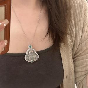 Collier en argent pur S925, petit, double couche, en forme de gourde, avec jadeite glacée chinoise rétro, nouveau bijou de niche exquis et transparent - Product Image 4
