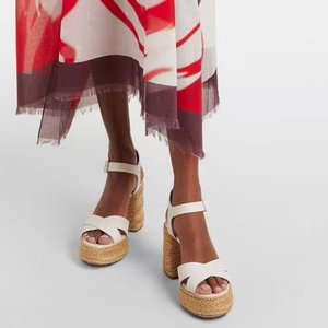 รองเท้าส้นสูงแบบสานด้วยเชือกฟาง สายรัดไขว้ แพลตฟอร์มหนา ปลายเปิดทรงเหลี่ยม รองเท้าแตะแบบสวมสำหรับผู้หญิง พร้อมสายรัดข้อเท้า - Product Image 3