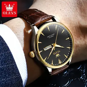 OLEVS 2933 Hot Luxury oem logo personnalisé bracelet en cuir véritable calendrier classique étanche Business Quartz pour homme