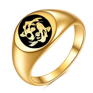 Bague double poisson gravée en or 18 carats, 12 mm, en acier inoxydable, bijoux unisexes pour tous les jours - Product Image 1