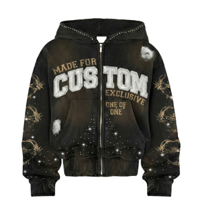 Mens Hoodies <strong>Tracksuit</strong> Custom logo 100% Cotton Black Distressed Oversized Acid Wash Print 500gsm Rhinestone Hoodie for Man - Product Image 2