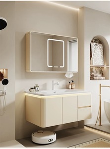 New Modern Cream <strong>Bathroom</strong> Vanity Set Luxury Stone Ceramic Integrated Basin Rubber Wood <strong>Bathroom</strong> <strong>Sink</strong> <strong>Storage</strong> for Hotel Villa Use - Product Image 2